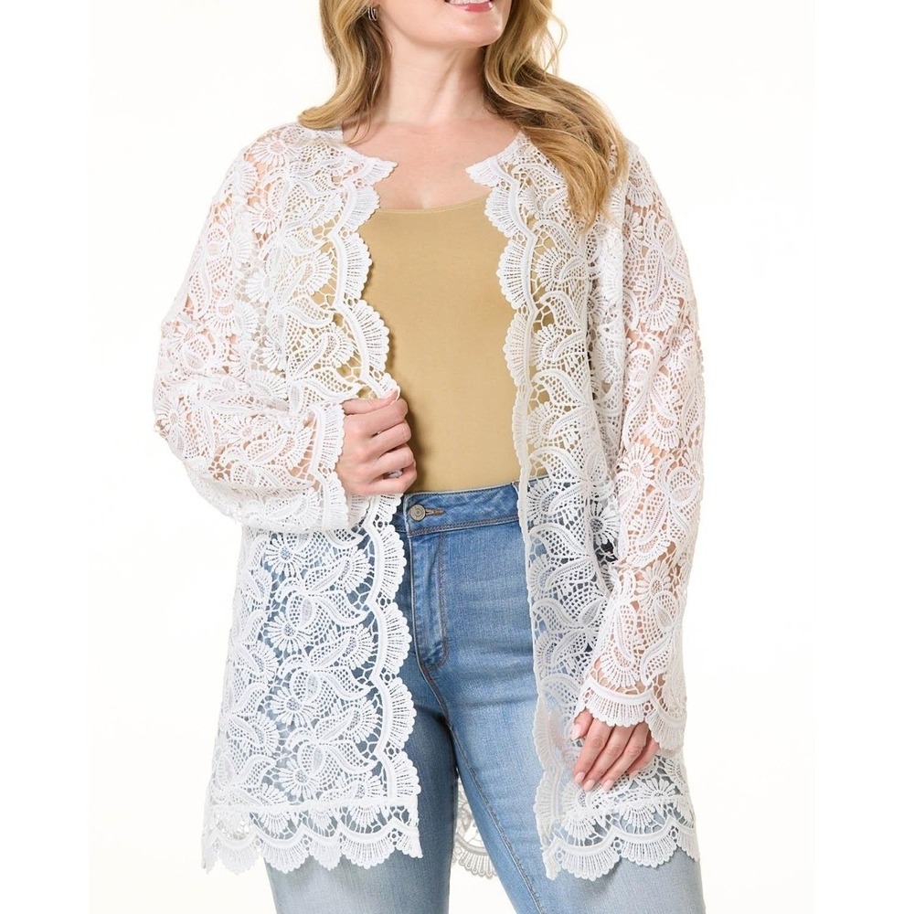 Cato Womens Crochet Topper Scalloped Lace Open Front Cardigan White Plus 26/28W